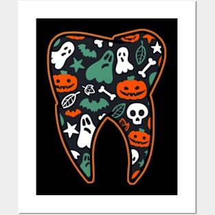 Womens Halloween Spooky Dentist tooth with pumpkin ghost spider web Posters and Art